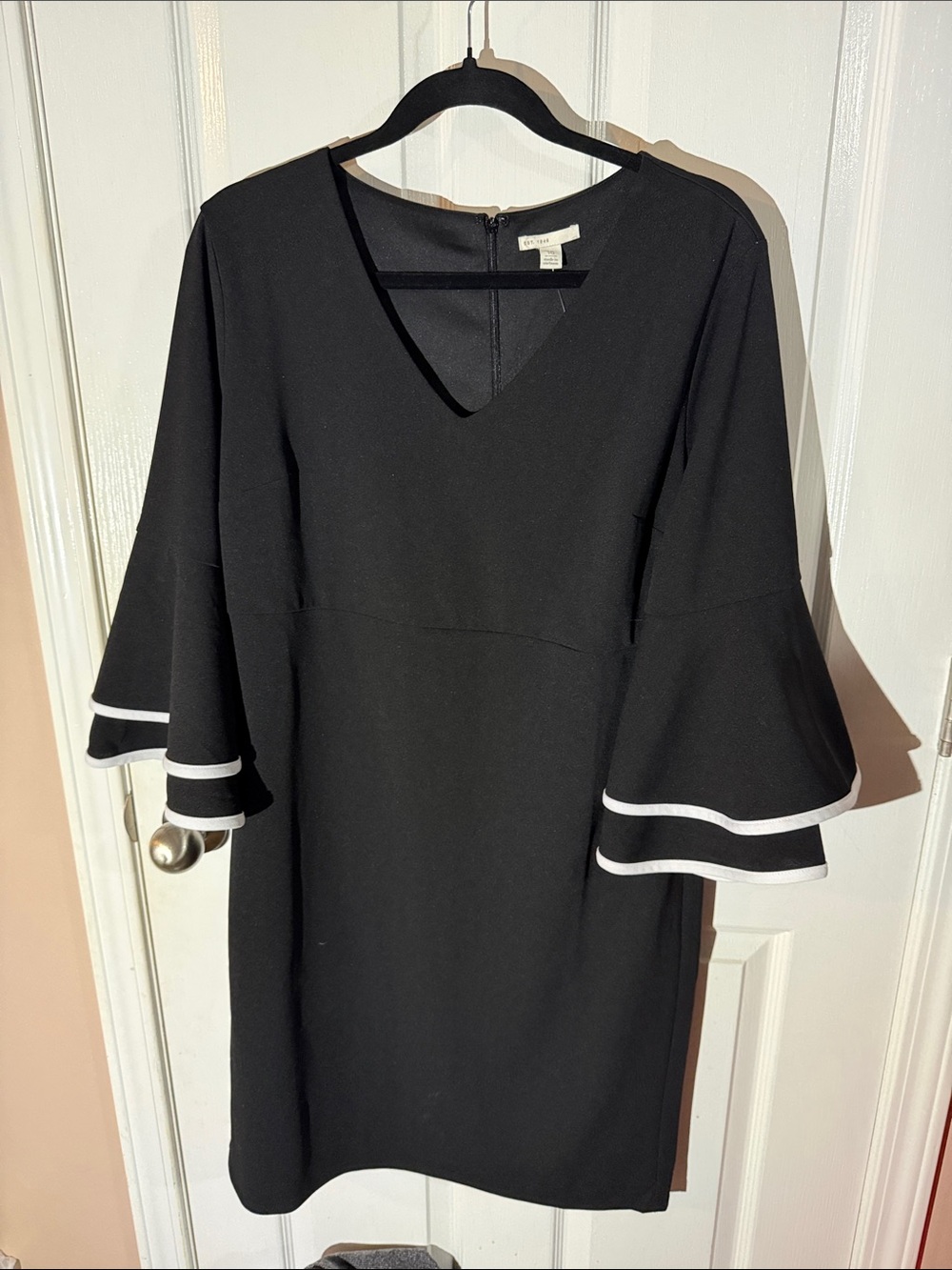 Black V-Neck Mini Dress with White Trim Bell Sleeves